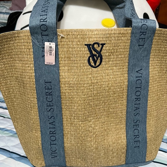 VICTORIA SECRET NWT STRAW BEACH TOTE BAG LARGE WEEKENDER TRAVEL BLUE BRAND NEW - Picture 2 of 7